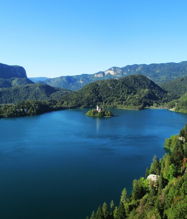 Lake Bled and church as seen from Bled Castle