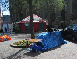 staking out a spot for Queens/Kings Night vrijmarkt, Alkmaar, Netherlands